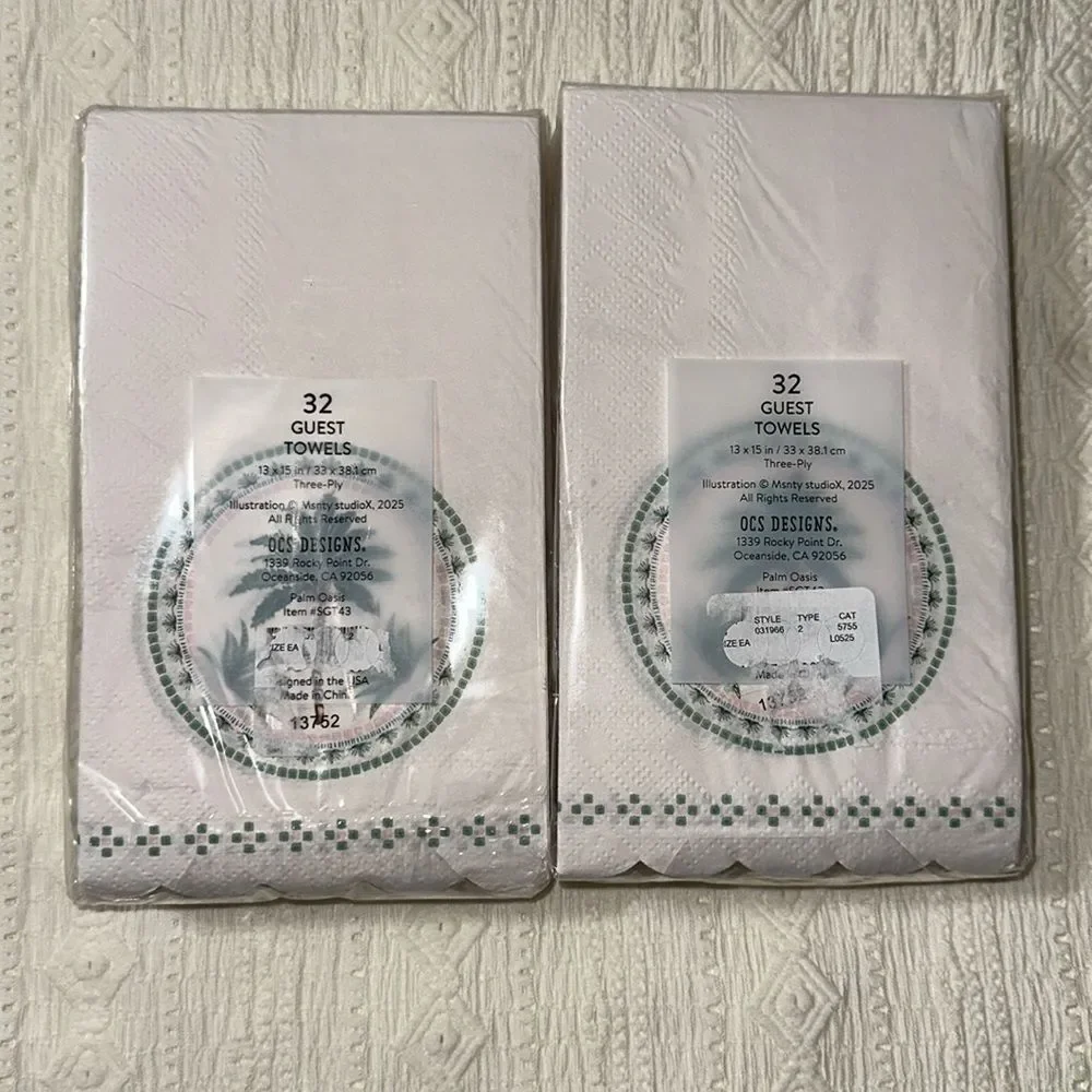 OCS 32 x 2pk Palm Oasis Guest Paper Towel Napkins Blush Pink Green Scalloped